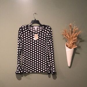 Carmen Marc Valvo Black White Polka Dot Long Sleeve Blouse S. NWT